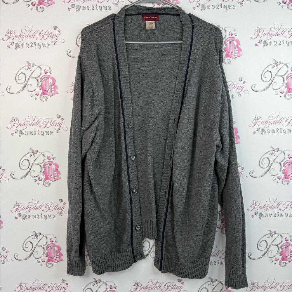 Hunt Club sweater button up black detail trim cotton Gray Cardigan Sweater